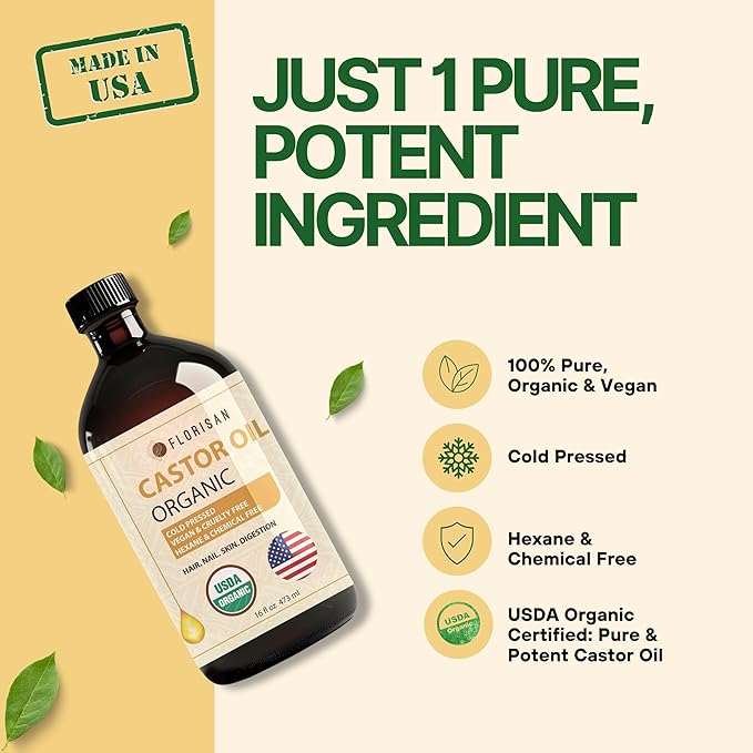 Just 1 pure, potent ingredient. 100%pure, organic and vegan. cold pressed. hewane and chemical free. USDA organic Certified: pure and potent castor oil